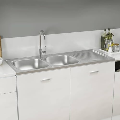 QUAHEAS Fregadero doble de acero inoxidable, 1200 x 500 x 155 mm, con desagüe empotrable, reversible, para cocina, lavadero o camping, incluye orificio para grifo y sifón