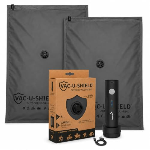 Vac-U-Shield 2 Vakuumbeutel + Vac-U-Pump, Outdoor Reise, Grau 86x60 cm | 2 Outdoor-Beutel kratzfest + kabellose USB-C-Pumpe; Universalventil, bis zu -80% Volumen, 86x60 cm (Anthrazit)