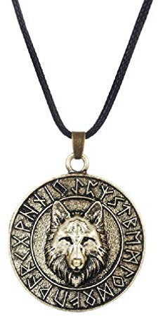 PikaLF Collana di lupo per uomo, collana con ciondolo testa di lupo vichingo norreno con catena da 23,6 pollici, collana di amuleto di lupo moneta rune vichinghe, collana di totem lupo retrò (ORO)