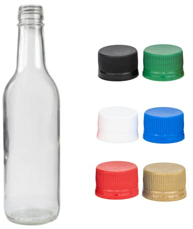 Vigo Presses 39 x 330ml Round Clear Mineral Water Juice Bottles for Homemade Drinks with Recyclable 28mm Screw Caps in Red, Green, Gold, White, Black or Blue