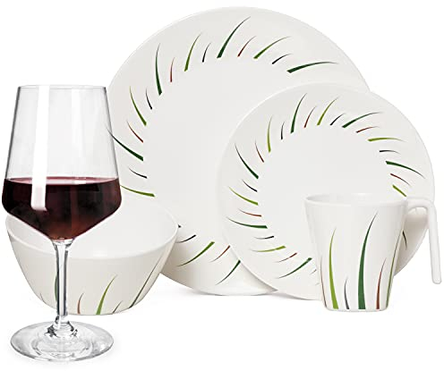 Set di stoviglie da campeggio in melamina, per 4 persone, design limone, 16 pezzi + bicchieri da vino rosso Milano