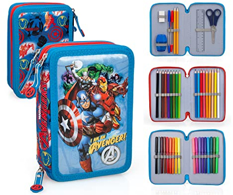 Ragusa-Trade Avengers Hulk Cap. America Iron Man Thor, 3-Fach Federtasche Federmappe, 44 TLG. gefüllt für Jungen Mädchen Kinder, blau, 20 x 12,5 x 5,5 cm