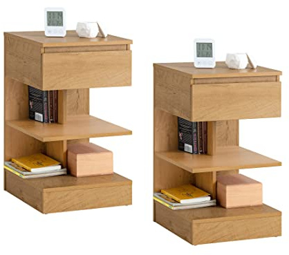 SoBuy 2er Set Nachttisch mit 1 Schublade & 2 Ablagen, 39x39x65cm | Nachtschrank Beistelltisch, Aufbewahrungsschrank fürs Schlafzimmer, Natur, FBT49-Nx2