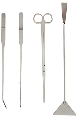 4 Stück Aquarium Werkzeugset Aquascaping Tool Set mit lang Pinzette Schere Kiesspatel Spatel Edelstahl für Anfänger Aquarist Maintenance Pflanzenpflege - Mattes Silber
