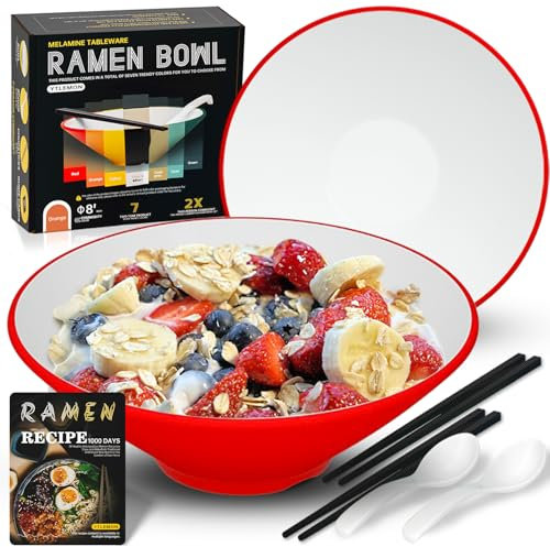 YTLEMON Plastic Ramen Bowl Set of 2 - Japanese Salad Noodles Cereal Fruit Pasta Soup Large Bowls 2×1000 ml 33 Ounces with Recipes Chopsticks and Spoons for Camping Party Men and Women Gifts Ideas