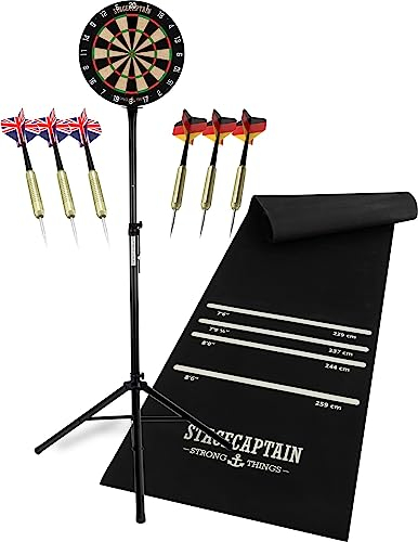 Stagecaptain DBS-1715C Bullseye Champion Dartscheibe Komplett Set - Profi Steeldartscheibe aus Sisal - Dartteppich aus Gummi - Höhenverstellbarer Ständer - 6 Dartpfeile und 4 Sets Flights - Schwarz