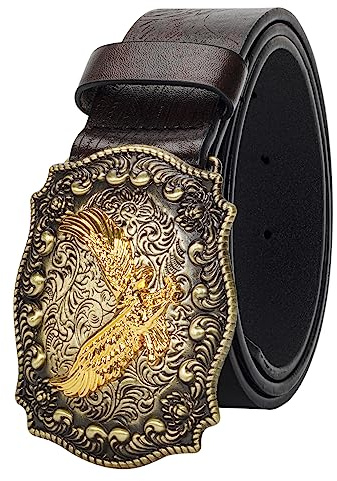INOGIH Herren-Western-Cowboy-Lederschnallengürtel-mit-Longhorn-Bull-Floral-Graved-Gürtelschnalle für Jeans 33 bis 42 Taille, Adler-dunkler Kaffee, For Waist 34''- 39''