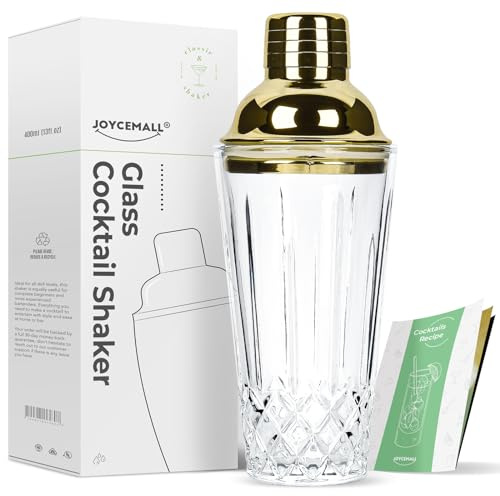 JOYCEMALL Coctelera de cristal transparente de 400 ml, con tapa de acero inoxidable a prueba de fugas, colador y caja de regalo, ideal para el hogar, bar, fiesta y whisky, zumos de fruta, dorado
