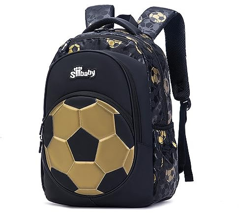 Morbuy Kids Football School Bag for Boys Teenage Black Gold Causal Travel Children's Backpack Laptop Backpack, Lightweight Rucksack Water Resistant Oxford-Fabric Work Daypack (29x40x19cm)