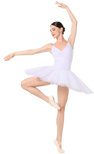 IBAKOM Balletttrikot für Damen, Platter, Tutu, Schwanensee, Ballerina, Kostüm, Tanztrikot, harter Organdie-Pancake-Tüll-Tutu, Weiss/opulenter Garten, Medium