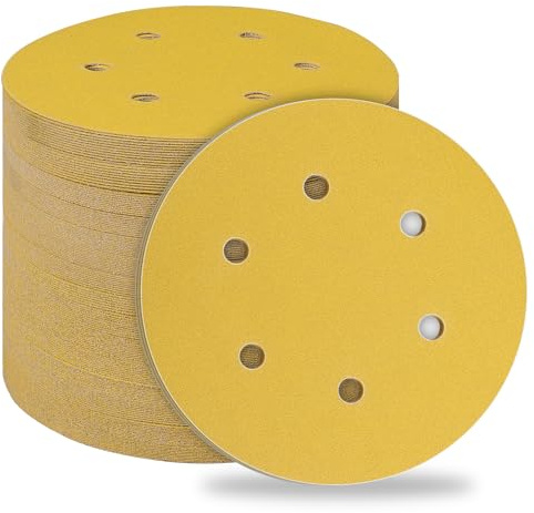 STEBRUAM 50 Stück Schleifpapier 150mm Klett 150 Körnung | Profi 6 Löcher Schleifscheiben für Exzenterschleifer,Schleifblätterfür Holz Metall und Farbe Gelb