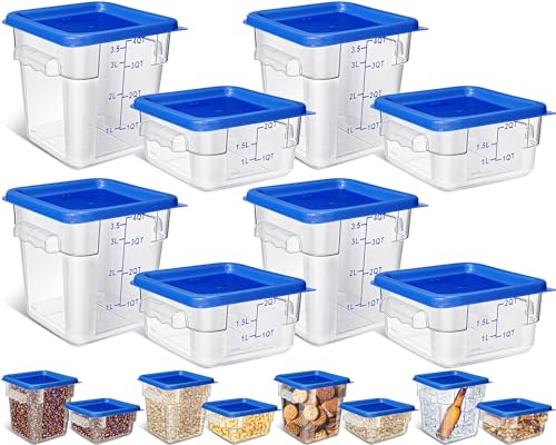 Yungyan Set di 8 contenitori per alimenti da ristorante con coperchio, 2Qt e 4Qt, contenitori quadrati per alimenti, contenitori trasparenti per cereali da cucina e congelatore (coperchi blu)