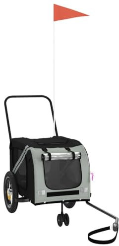 vidaXL Fahrradanhänger für Hunde, Hundeanhänger mit Reflektoren Flagge, Hundetransporter Maximale Belastbarkeit 30 kg, Haustier Transportwagen, Grau Schwarz Oxford-Gewebe Eisen