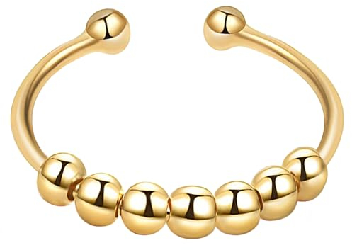 SENLINLU Anti-Stress Ring Damen - Verstellbar mit Beweglichen Perlen Spinner Ring Gold (Größe 50-60)