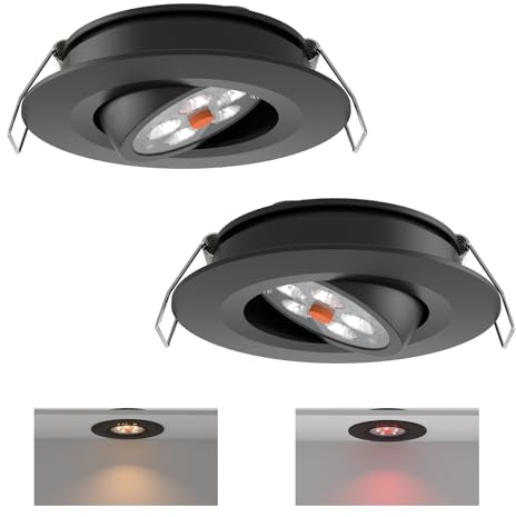 acegoo LED Einbaustrahler 12V Spot 2W Wohnmobil 35° Abstrahlwinkel, 70° Schwenkbar für Wohnwagen Camper Van Boot, Aluminium 205lm 74mm Eingebauter Dimmschalter und rotes Licht Schwarz 3000K