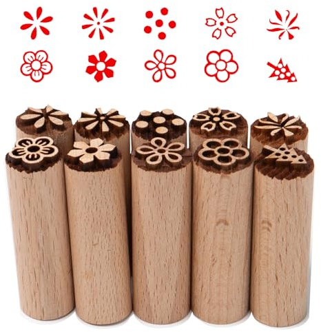 Sixfolo 10 Pcs Wooden Pottery Stamps - Column Wood Block Stamps with Flower Patterns for Clay, Scrapbook, Card Making, Crafts (5x1.5cm)