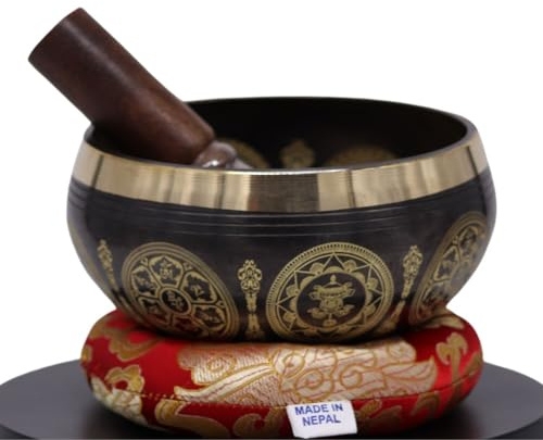 Original tibetische Klangschale mit Sockel und Holzklöppel - handgefertigt in Nepal für Heilung, Bewusstseinsbildung und Meditation (Buddha brown painted)