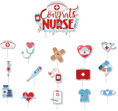 16 stycken sjuksköterska kaktillbehör, cupcake-topper, sjuksköterska examen cupcake, medicinsk läkare, sjuksköterska-tema-festtillbehör