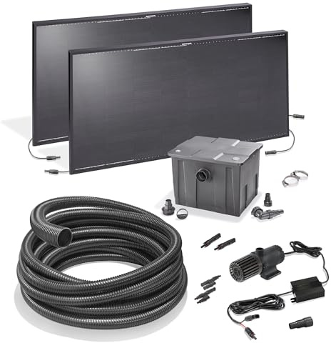 Esotec Solar Durchlauffilter-Set Teichfilter Filteranlage 270/8000 101270 | Teichfilter, 2x135Wp Solarmodule, Pumpe 36-44V/DC, 8000l/h, 4-stufiger Außenfilter, Trockenlaufschutz, IP68, MC4, 5m Schlauch