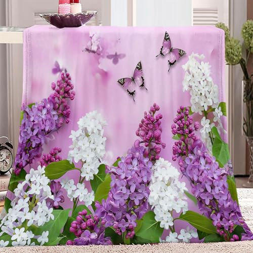 Manta Flora Mariposa sobre Flores Lilas Vistoso, Manta De Franela Suave Y Cálida Manta con Estampado Esponjoso, Manta De Otoño para Sofá Y Dormitorio 130 x 150 cm