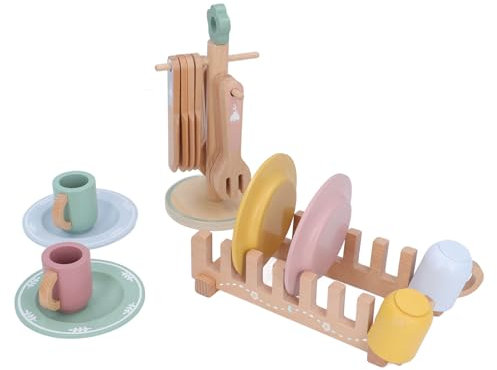 Ensemble D'ustensiles en Bois, Assiette de Couleur Assortie, Tasse, Cuillère, Fourchette pour Enfants avec Accessoires de Cuisine en Bois de Hêtre et Support de Rangement,