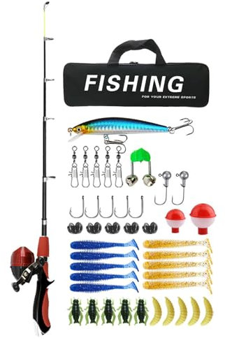 Angelset für Anfänger, Set für Anfänger, mit Köderbox, Teleskop-Angelrute, 1,6 m, mit Ködertasche für Süß- und Salzwasser