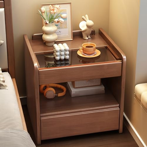 Moderna mesita de noche de nogal con encimera de vidrio y cajón, diseño minimalista, almacenamiento abierto, perfecta para dormitorio o sala de estar, 17 x 15.7 x 19 pulgadas