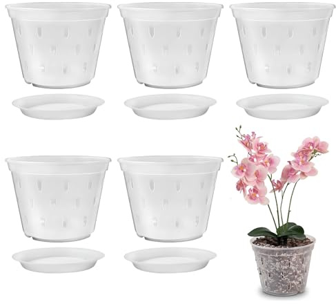 PRITOK Pack of 5 Orchid Flower Pots: 15cm / 6 Clear Orchid Pot with Saucers and Drainage Hole, Plastic Plant Pots, House Plant Pots Nursery Pots for Orchid Repotting Kit
