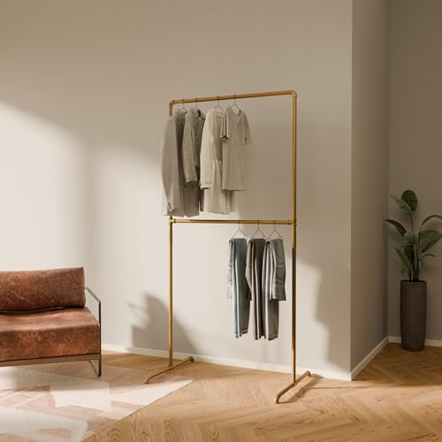 pamo Kleiderständer Gold – 99 x 194 cm – Industrial Design Kleiderstange | Traglast 80 kg, Freistehend Garderobenständer, Pulverbeschichtet, Kratz- & Stoßfest, Einfache Montage