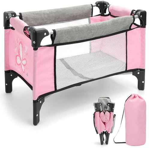 deAO Puppen-Reisebett Faltbar, Großes Puppenbett für 30-53 cm Puppen - Rosa | ABS-Kunststoff, Abgerundete Ecken, Schnelle Montage, mit Tragetasche, Geschenke für für 3 +Jahre Mädchen, 53x33x33CM