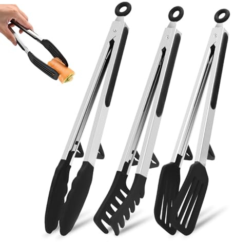 3 Pack Kitchen Tongs Silicone Cooking Tongs for Kitchen Hangable, with Support for Baking, Cooking, Frying, Steak, Serving, Buffet, Grill, Pizza, Salad (9)