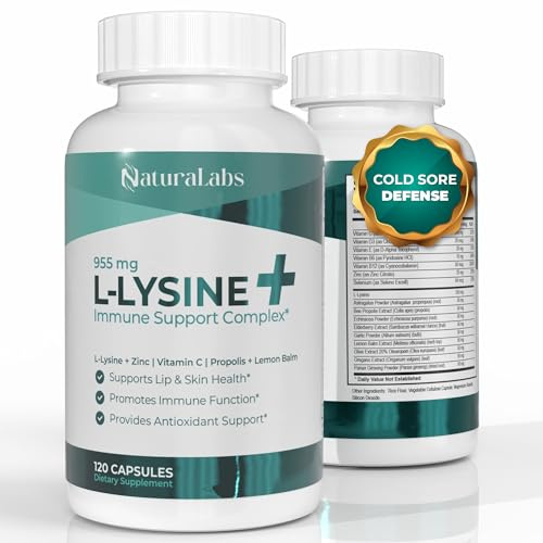 NATURALABS L-Lysine + Cold Sore Immune Support Complex – with Vitamin C, Zinc, Bee Propolis, Lemon Balm & 9-in-1 Herbal Complex – Promotes Lip & Skin Health – Antioxidant Immune Formula – 120 Ct