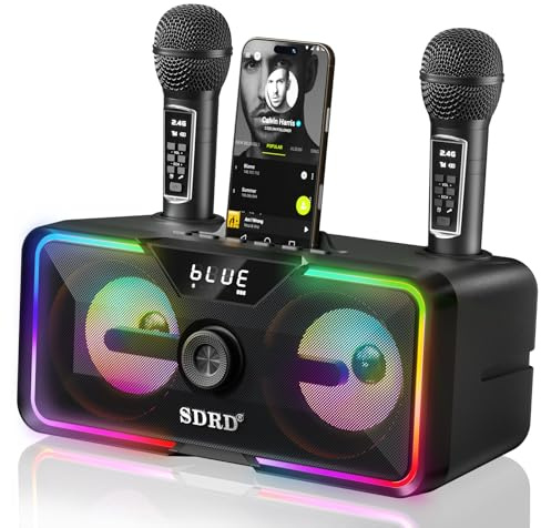 SDRD Machine de karaoké Bluetooth 215 pour adulte et enfant avec station de rangement et de charge, système de karaoké puissant, 12 heures de lecture, microphone sans fil rechargeable, prise en charge