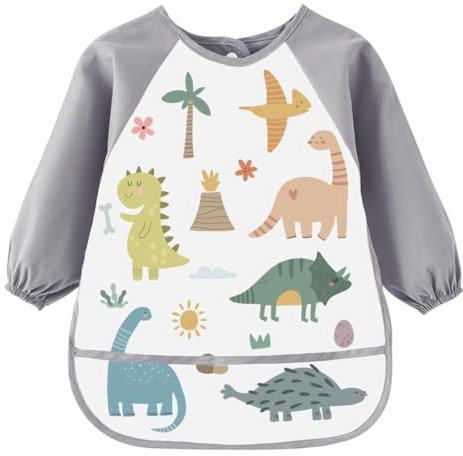 Montrestar Delantal Infantil Impermeable 3-8 Años Niños y Niñas, Bata Pintura Infantil con 3 Bolsillos y Mangas Largas, Babis Escolares para Pintura, Artes, Escuela, Tema Dinosaurio