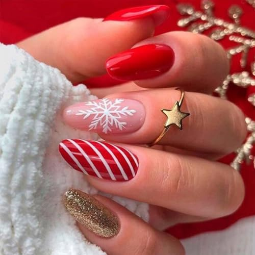 NICENEEDED 24 PCS Ongles à Coller de Noël Faux Ongles Carrés Moyens à Rayures Rouges et Blanches Brillantes Faux Ongles pour Femme Design Hivernal de Noël Manucure Artistique