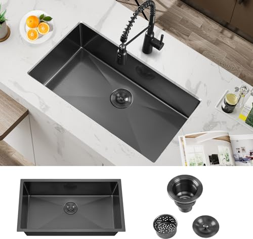 ATTOP 32 Inch Black Large Single Bowl Undermount Kitchen Sink,32x18 Inch Nano Black Stainless Steel Handmade Undermount Single Bowl Kitchen Sink