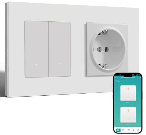 BSEED Smart Zigbee Interrupteur 2 Gang 1 Voie et Prise Électrique Compatible avec Alexa et Google Home,Interrupteur Cadre en PC(Nécessite Gateway Hub et Fil Neutre),Blanc