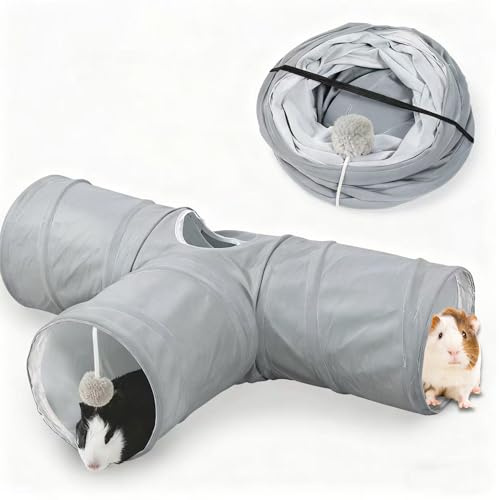 JanYoo tunnel per conigli, tunnel pieghevole a 3 vie, per porcellini d'India, conigli, tunnel da gioco, per conigli, piccoli animali, giocattolo (grigio puro)