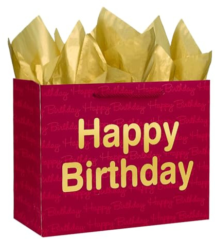 Ssyuysto 33 cm große Geburtstags-Geschenktüte mit Seidenpapier, rote Happy Birthday-Tasche mit Goldfolien-Buchstaben, Geschenkverpackungstasche mit Griffen, für Männer, Frauen, Kinder