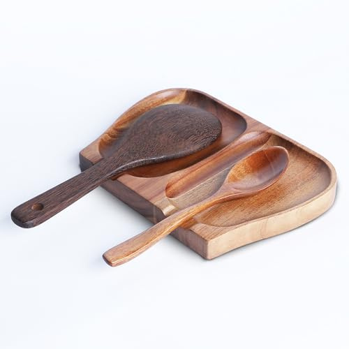 8.5 Inches Acacia Wood Spoon Rest For Stove Top - Smooth Double Wooden Spoon Holder For Kitchen Counter with Non Slip Silicone Feet, Perfect Holder for Spoons (Brown)