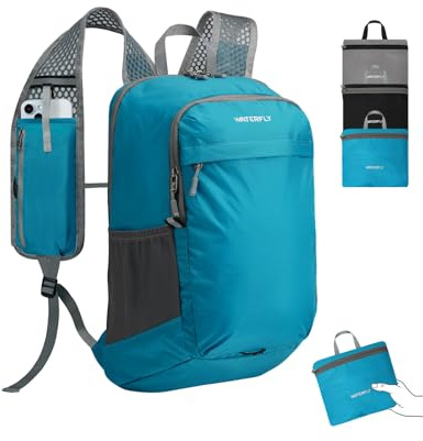 WATERFLY Packable Lightweight Small Backpack: 15L Foldable Mini Hiking Daypack - Ultralight Compact Day Pack for Women Men Outdoor Travel Camping Walking - Blue
