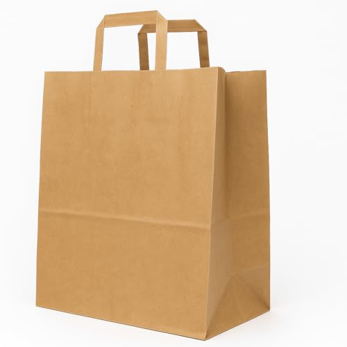 BeFreeX - Bolsas de papel kraft reciclado con asas planas – Variaciones por tamaño y cantidad para restauración, comercios, take away y eventos (26x17x29 cm - 50 uds)
