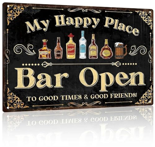 My Happy Place Bar Open Metal Tin Sign, Vintage Bar Signs, Funny Bars Accessories for Home Pub, Man Cave, Outdoor Garden, Cafe, Apartment, Club, Personalised Beer Sign Plaques, 12x8 Inch