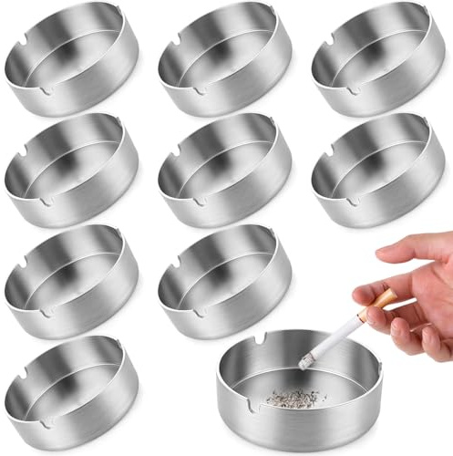10 Stück Runde Edelstahl Aschenbecher, Tragbarer Aschenbechern für Draussen & Innenraum, Moderne Tischplatte Windaschenbecher, Durchmesser 8cm Silber Tischaschenbecher für Zuhause, Büro, Hotel,Outdoor