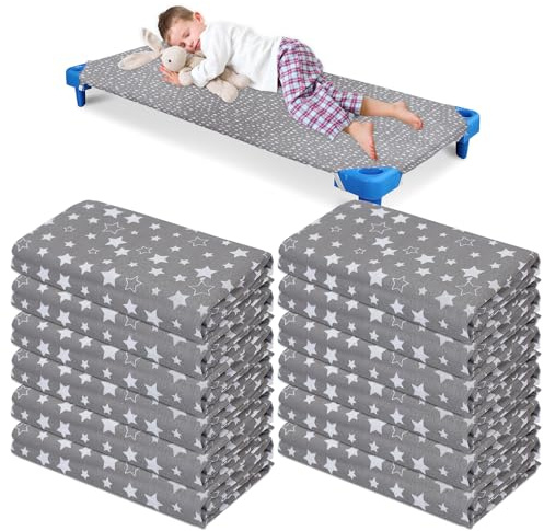 Lot de 12 Draps Housses pour Lit Maternelle 130 x 60 cm, Draps Ajustés en Microfibre Respirante, Drap de Sieste pour Enfants, École Maternelle et Garderie, Gris avec Étoiles Blanches