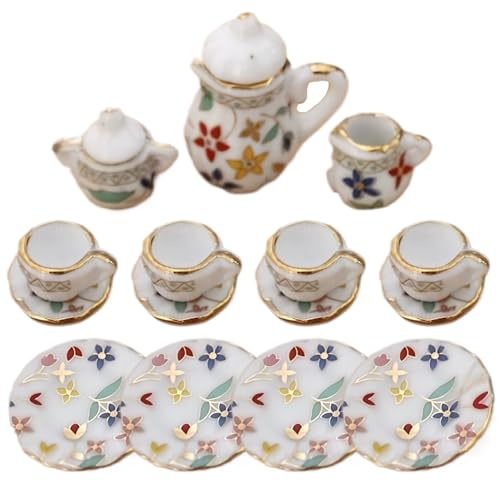 Mini Service à thé en Porcelaine échelle 1 : 12, avec Mini Tasses, Assiette et théière pour Accessoires Miniatures de Maison de poupée