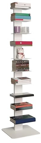 STEELNOVO | Beatrice, librería vertical ahorra espacio con 10 estantes, altura 150 cm, librería de columna de acero pintado moderna, estantería de pie color blanco, salón, estudio, fabricada en Italia
