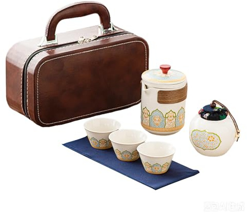 Gongfu Tea Set, Chinese Teapot Set, 5-Piece Portable White Ceramic Teapot Set with 3 Tea Cups & Tray, Brown Leather Case, Portable Traditional Ceramic Tea Set Tea Gift for Home, Camping & Tea Lovers