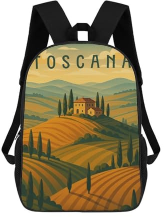 sinyumoney Tuscany Travel Poster Italy – Rolling Hills & Cypress Roads Kids Backpack,School Backpack Kids School Bag 3D Printed Cartoon Large Capacity Backpack for Kids Boys And Girls 17inch