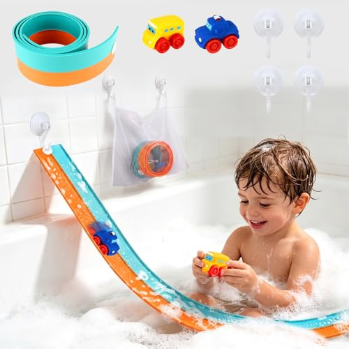 Juguetes de Baño para Niños, Juego de Pista de Bañera con Pista Flexible de 1,5 m, 2 Coches de Juguete y Ventosas, Regalo Educativo para Niños de 3 a 8 Años